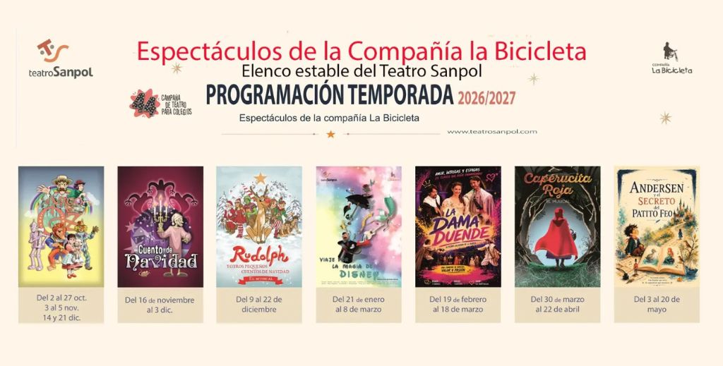 Espectáculos de la compañía La Bicicleta en el Teatro Sanpol durante la temporada 2026-2027.