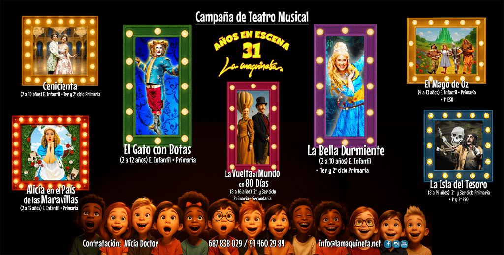 Detalles de las obras que puedes ver en tu colegio con el teatro escolar de La Maquineta en el curso 25-26.
