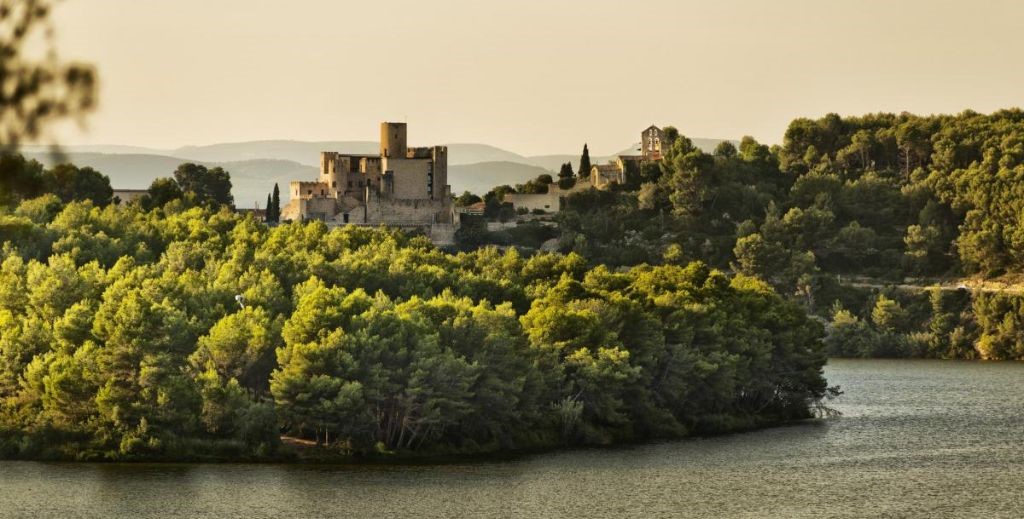Vista del castillo del Castellet, viñedos y el río Foix, en la ruta por el Parque Natural del Foix.