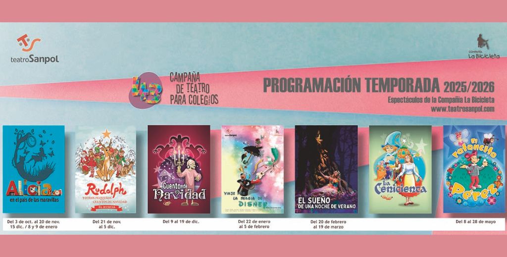 Programación de teatro infantil y juvenil dentro de la campaña escolar del Teatro Sanpol de Madrid.