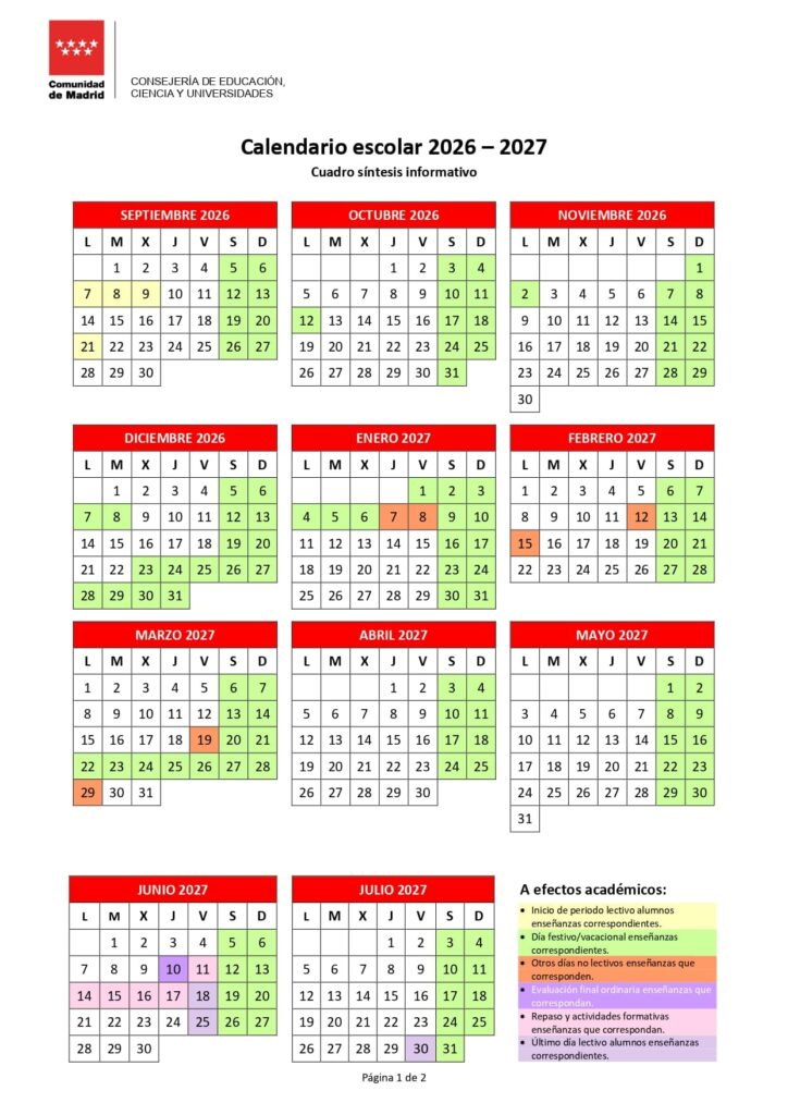 Calendario escolar 2026 2027 en la Comunidad de Madrid: vuelve la Semana Blanca y la Navidad se alarga hasta el 11 de enero 1 Calendario escolar de la Comunidad de Madrid para el curso 2026-2027 - definitivo | Comunidad de Madrid | Mamá tiene un Plan